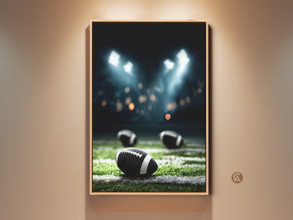 Framed American Football Canvas Print for man cave. Realistic sports artwork displays a night game under stadium lights. Ideal gift for football fans and sports enthusiasts. It adds a touch of athletic decor to any space. The canvas print features footballs on a green field under stadium lights. Enhance your game day decor with this striking piece.