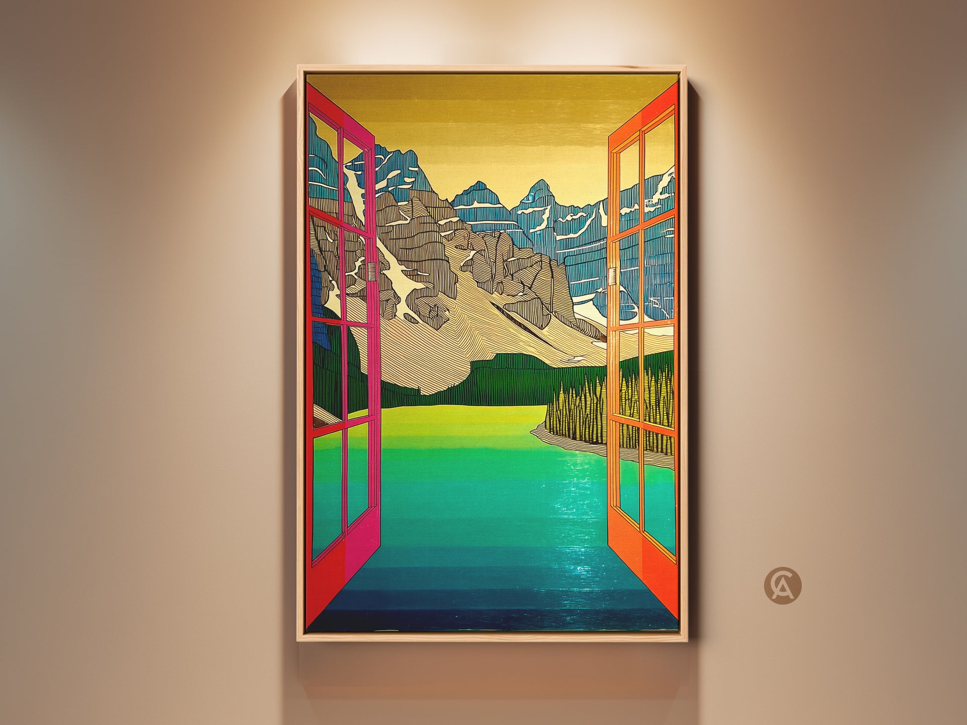 Explore abstract mountain lake wall art. The teal green contemporary landscape brings an open window view to your modern home. It serves as a unique nature-inspired accent.