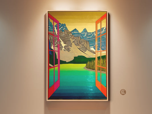 Explore abstract mountain lake wall art. The teal green contemporary landscape brings an open window view to your modern home. It serves as a unique nature-inspired accent.