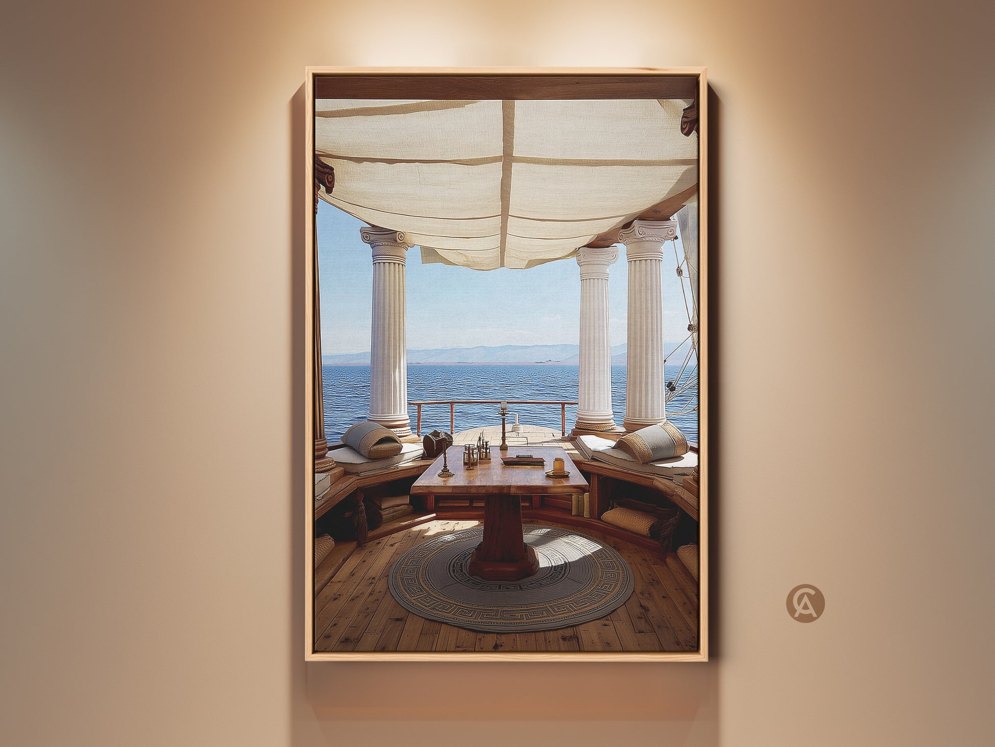Classical Columns Art Print showing a Mediterranean Ocean View. Tan and Blue Coastal Decor perfect for a Study Room. A great Travel Lover Gift idea. Elegant Architectural Interior Decor.