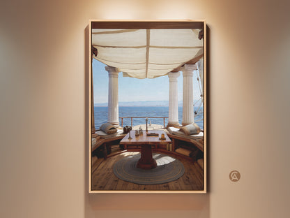Classical Columns Art Print showing a Mediterranean Ocean View. Tan and Blue Coastal Decor perfect for a Study Room. A great Travel Lover Gift idea. Elegant Architectural Interior Decor.