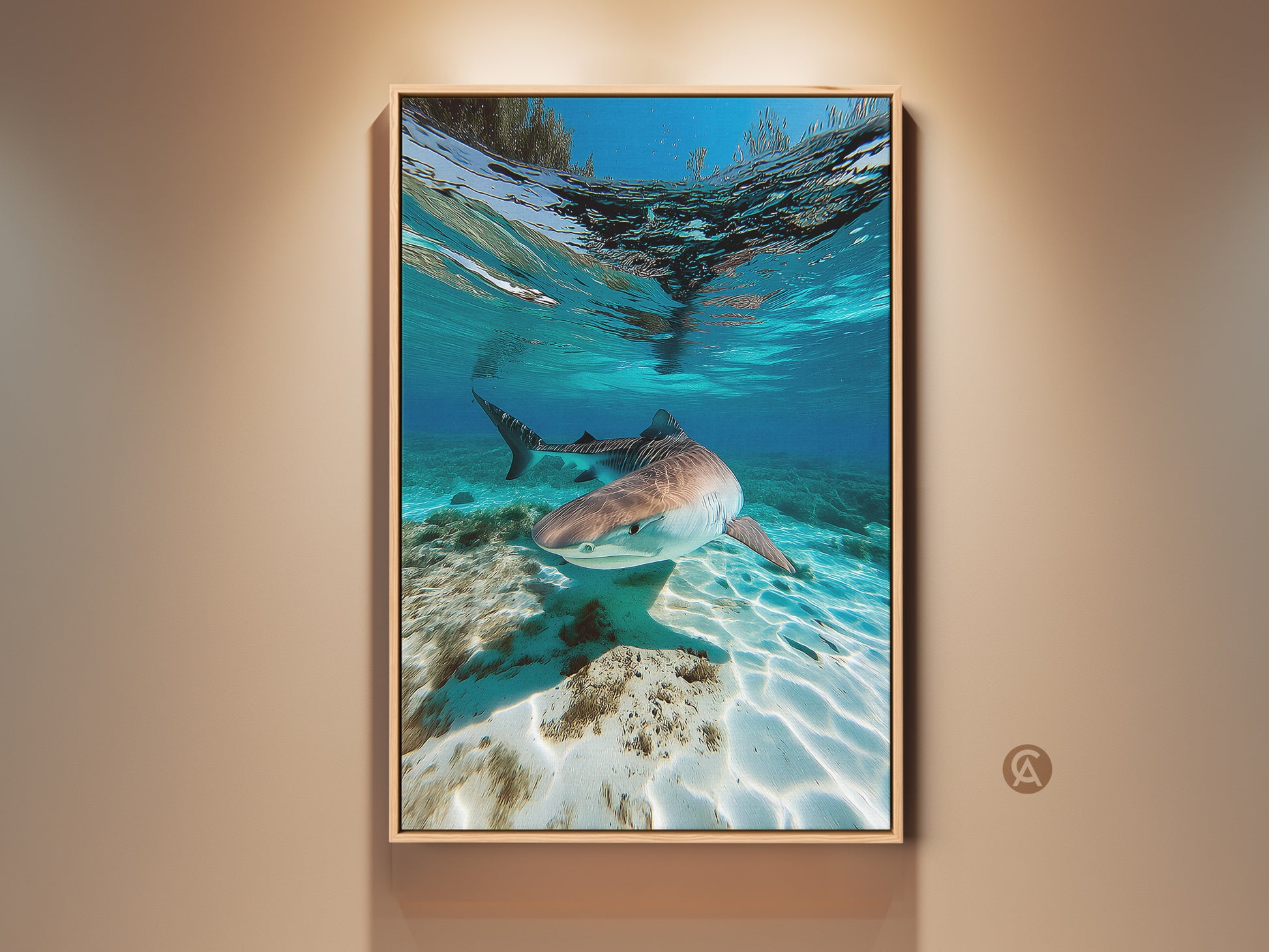 Tiger Shark Underwater Canvas Art. Coastal wildlife artwork featuring a photorealistic shark swimming in deep blue aqua waters. A captivating ocean scene for coastal living room art and nautical bedroom decor. Perfect as a housewarming ocean gift for shark lovers.