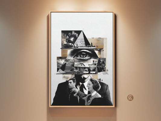 A framed vintage collage art print is showcased. The surreal eye pyramid artwork features a striking black and white aesthetic. This unique conspiracy theory wall art adds an eclectic touch to any office decor. A perfect and unusual gift for those who appreciate thought-provoking pieces.