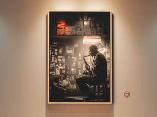 Experience the soulful vibes of jazz. This artwork captures a musician playing the saxophone in a dimly lit club. The sepia tones evoke a sense of nostalgia. Perfect for adding a touch of musical history to your home decor. Shop now for canvas and poster prints.