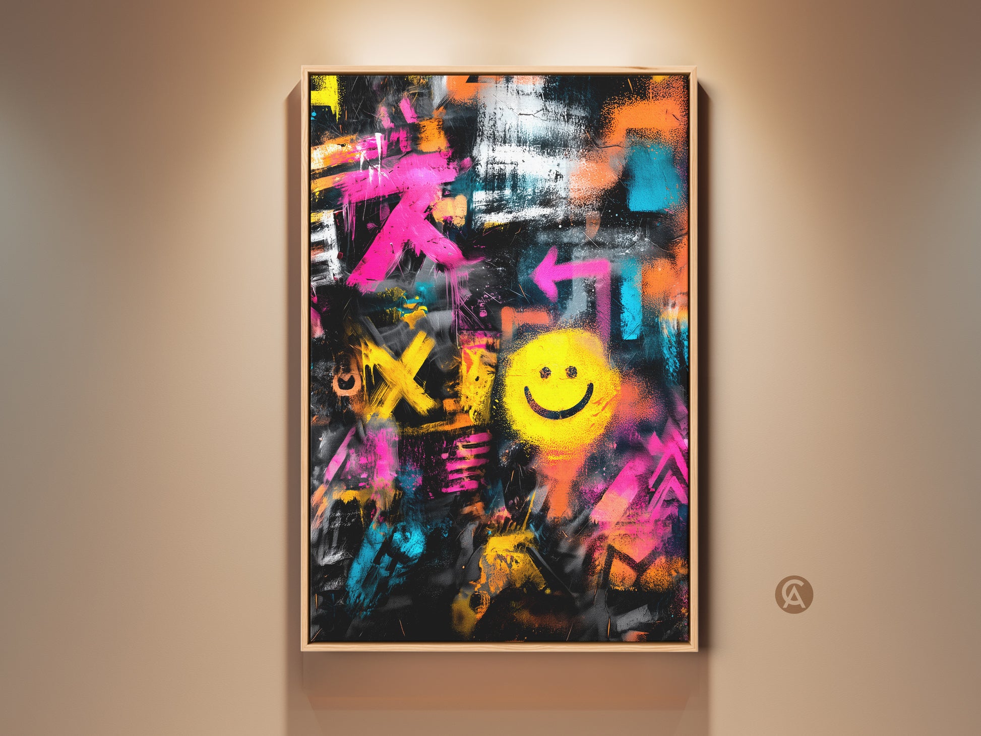 Framed Graffiti Art with Smiley Face. This artwork brings urban edge to any space. The black frame enhances the vibrant colors. This art is perfect for modern decor and art collectors.