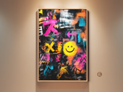 Framed Graffiti Art with Smiley Face. This artwork brings urban edge to any space. The black frame enhances the vibrant colors. This art is perfect for modern decor and art collectors.