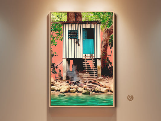 Rustic coastal cabin landscape art print. It features a teal door folk art. A serene escape captured in watercolor. Perfect eclectic decor and housewarming gift for travelers.