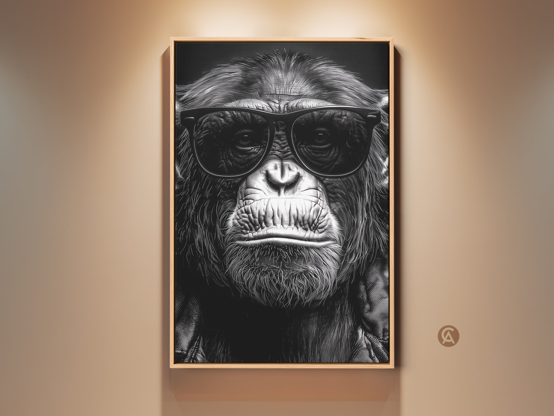 A cool chimpanzee canvas print hangs on a beige wall. This black and white gorilla wall art features a primate wearing sunglasses. It's a unique poster for study room or office decor. This artwork makes a great animal lover gift adding an eclectic touch.