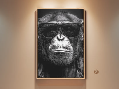A cool chimpanzee canvas print hangs on a beige wall. This black and white gorilla wall art features a primate wearing sunglasses. It's a unique poster for study room or office decor. This artwork makes a great animal lover gift adding an eclectic touch.