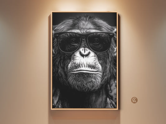 A cool chimpanzee canvas print hangs on a beige wall. This black and white gorilla wall art features a primate wearing sunglasses. It's a unique poster for study room or office decor. This artwork makes a great animal lover gift adding an eclectic touch.