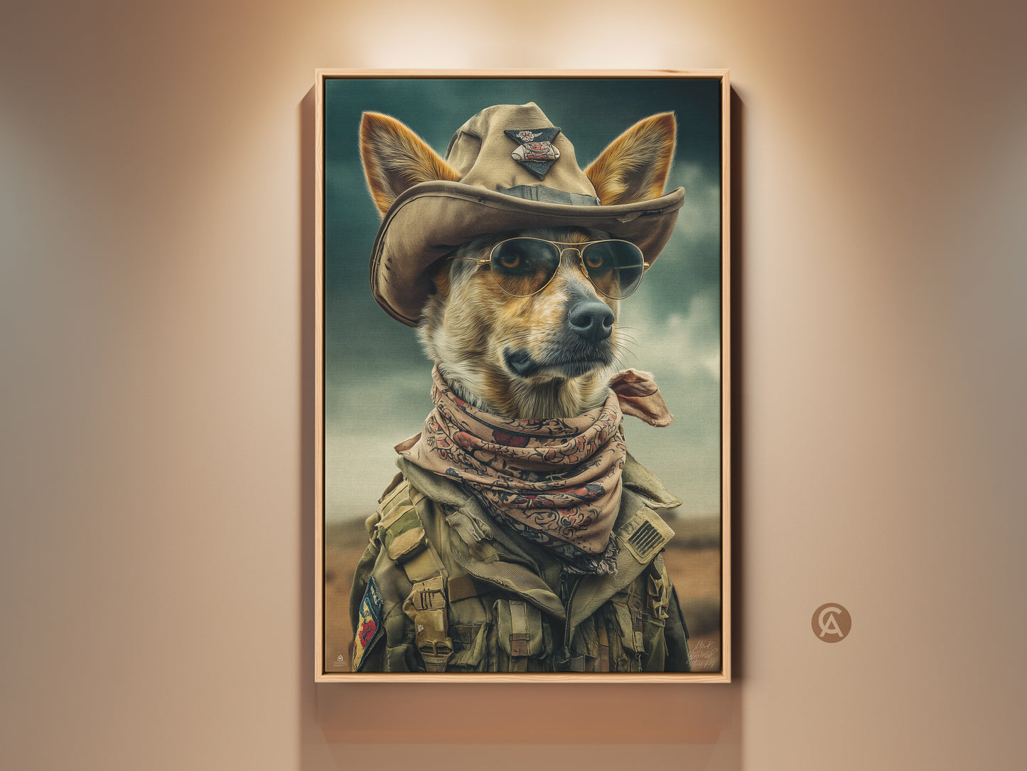 Elevate your space with this surreal cowboy dog canvas print. The brown khaki dog art features a dog in a cowboy hat and sunglasses. It is great man cave wall art. This western animal portrait captures an eclectic aesthetic. Ideal gift for dog lovers wanting a unique pet portrait.