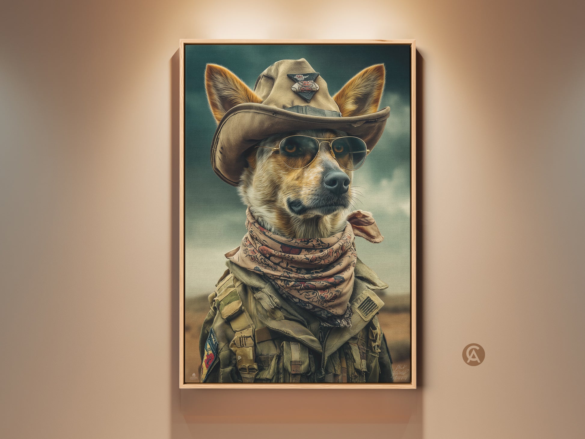 Elevate your space with this surreal cowboy dog canvas print. The brown khaki dog art features a dog in a cowboy hat and sunglasses. It is great man cave wall art. This western animal portrait captures an eclectic aesthetic. Ideal gift for dog lovers wanting a unique pet portrait.