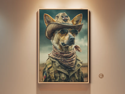 Elevate your space with this surreal cowboy dog canvas print. The brown khaki dog art features a dog in a cowboy hat and sunglasses. It is great man cave wall art. This western animal portrait captures an eclectic aesthetic. Ideal gift for dog lovers wanting a unique pet portrait.