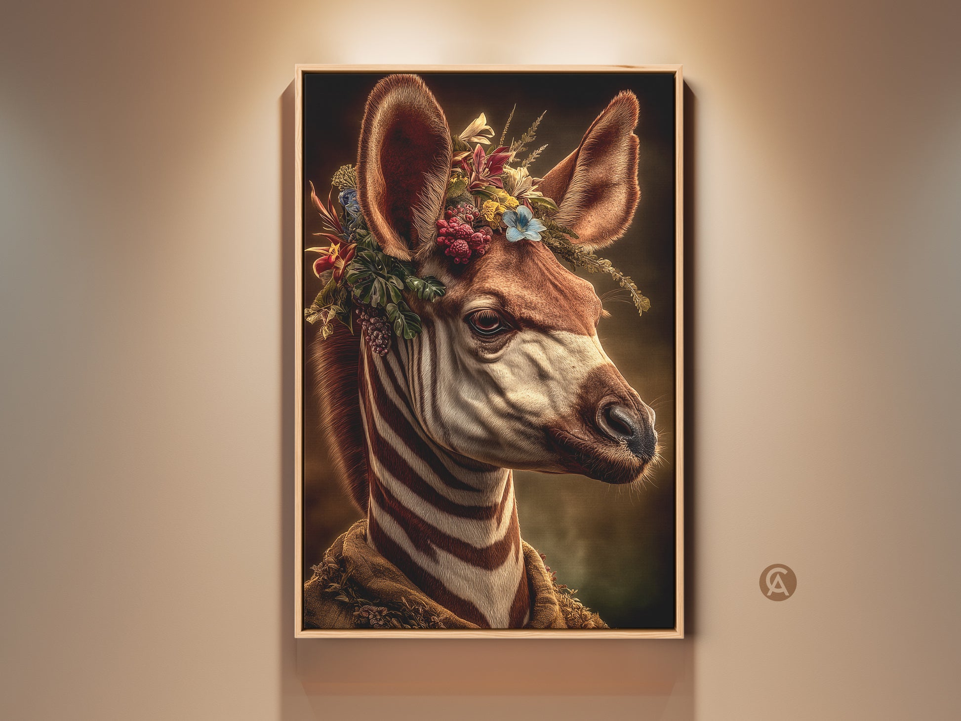 Botanical Zebra Art Print. This earthy tones canvas features a zebra with a floral crown. Gothic animal portrait for dark academia wall decor. A unique and eclectic home gift idea. Bring nature and art to your living room with this unique animal artwork. Perfect for farmhouse or boho chic wall decor.