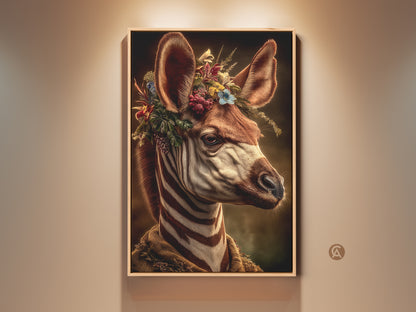 Botanical Zebra Art Print. This earthy tones canvas features a zebra with a floral crown. Gothic animal portrait for dark academia wall decor. A unique and eclectic home gift idea. Bring nature and art to your living room with this unique animal artwork. Perfect for farmhouse or boho chic wall decor.