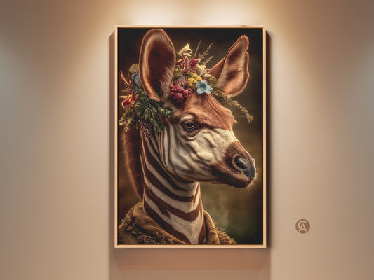 Botanical Zebra Art Print. This earthy tones canvas features a zebra with a floral crown. Gothic animal portrait for dark academia wall decor. A unique and eclectic home gift idea. Bring nature and art to your living room with this unique animal artwork. Perfect for farmhouse or boho chic wall decor.
