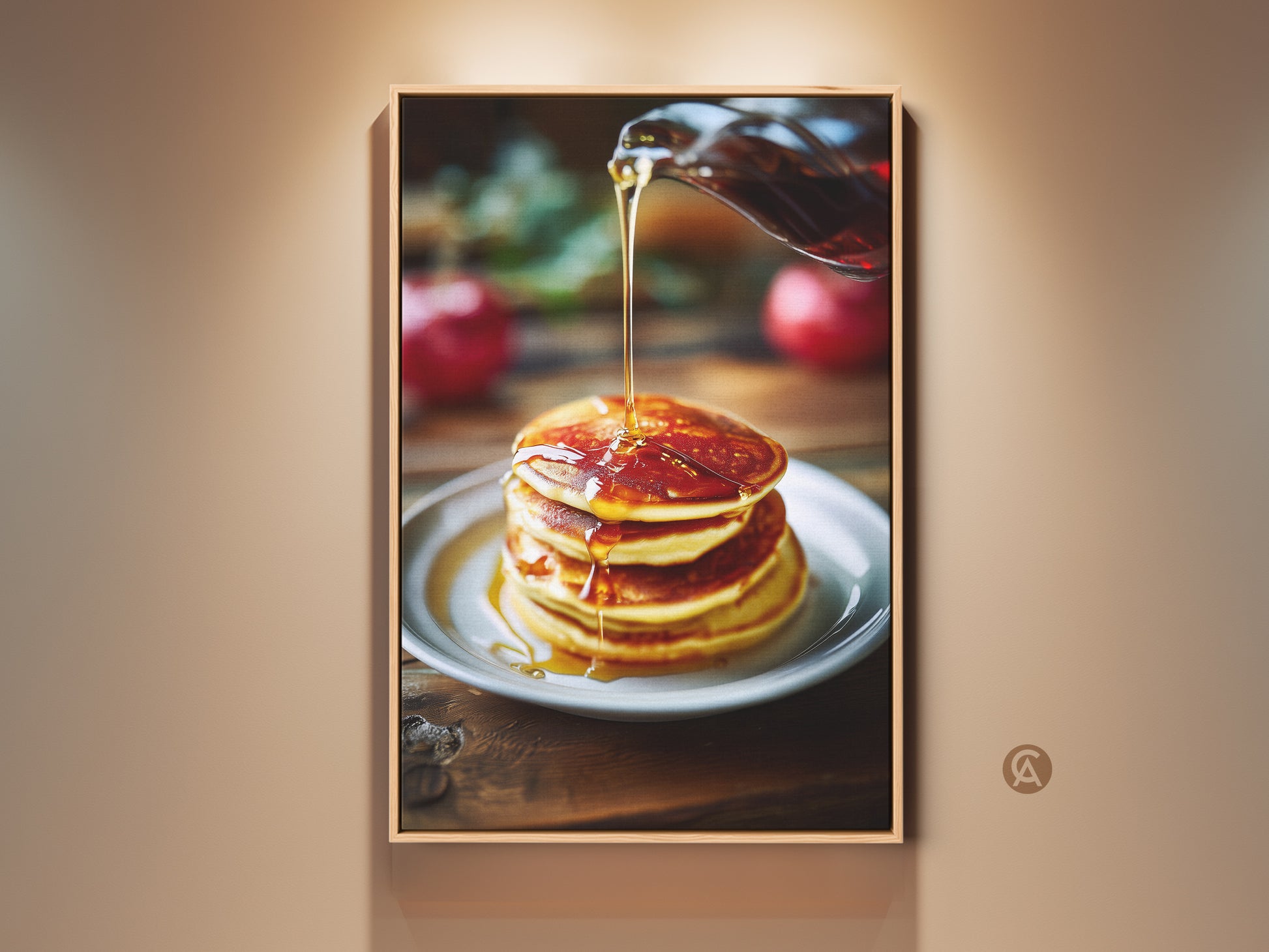Pancakes with golden syrup art print for kitchen wall art. This food photography captures an amber and yellow breakfast decor. It is a perfect gift for home bakers. The canvas art adds a cozy touch to your kitchen. It is ideal for modern farmhouse style.