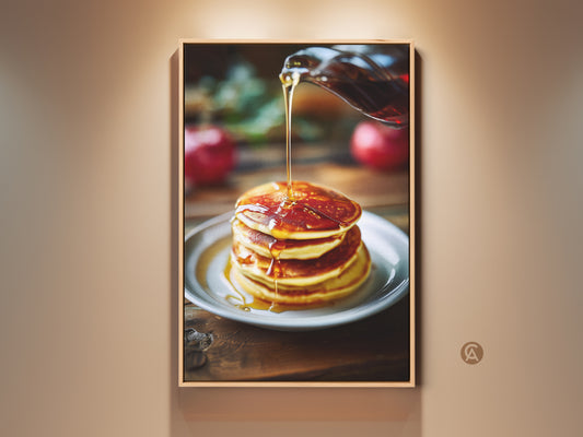 Pancakes with golden syrup art print for kitchen wall art. This food photography captures an amber and yellow breakfast decor. It is a perfect gift for home bakers. The canvas art adds a cozy touch to your kitchen. It is ideal for modern farmhouse style.
