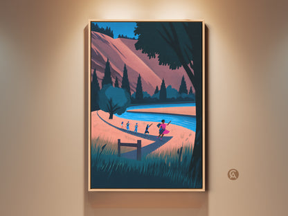 Boho Nature Art Print displayed in a room setting. River Landscape Canvas Artwork features hikers by a river. This modern folk art print has a coral blue teal color palette. Perfect outdoor lover gift. The artwork adds nature and adventure to residential wall decor.