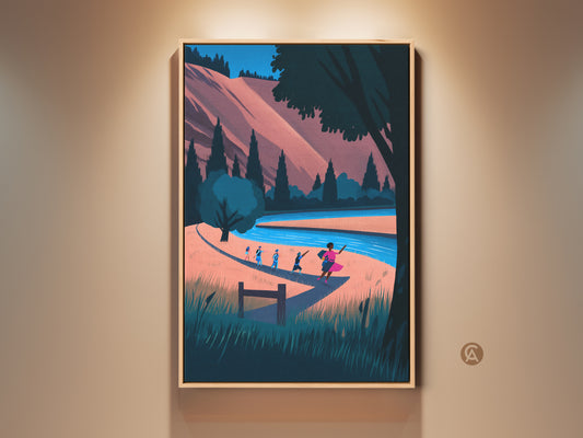 Boho Nature Art Print displayed in a room setting. River Landscape Canvas Artwork features hikers by a river. This modern folk art print has a coral blue teal color palette. Perfect outdoor lover gift. The artwork adds nature and adventure to residential wall decor.