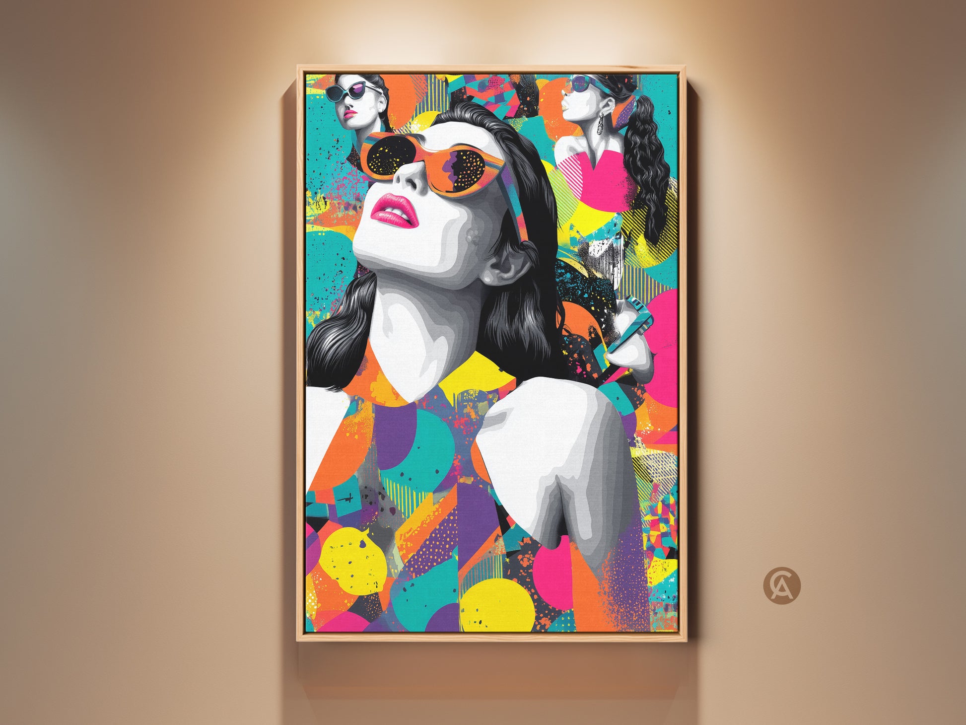 Retro woman pop art canvas print in a wood frame. The eclectic wall art features a woman with sunglasses. Magenta orange and teal colors create an abstract style. This is a stylish fashion gift.
