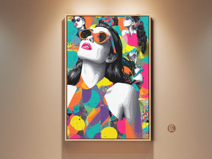 Retro woman pop art canvas print in a wood frame. The eclectic wall art features a woman with sunglasses. Magenta orange and teal colors create an abstract style. This is a stylish fashion gift.