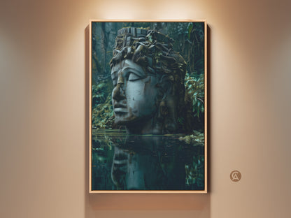 Framed surrealist sculpture art displayed in a room. The mythology head wall art has deep blues grays and greens. It is an ideal housewarming gift for mythology enthusiasts. This eclectic artwork enhances office study and living spaces.