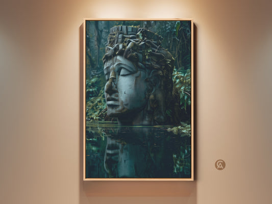 Framed surrealist sculpture art displayed in a room. The mythology head wall art has deep blues grays and greens. It is an ideal housewarming gift for mythology enthusiasts. This eclectic artwork enhances office study and living spaces.