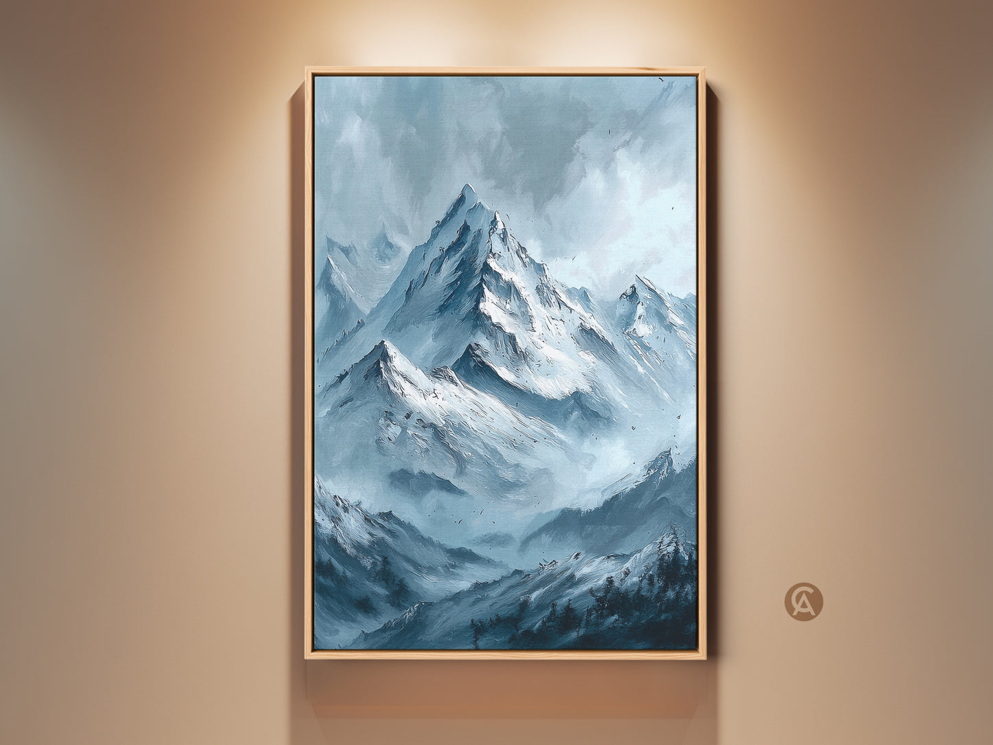 Framed mountain art print for sale. This artwork features snow-capped mountains in a blue hue. This framed canvas comes ready to hang. Find the perfect piece for your home today. A beautiful piece for living rooms and bedrooms