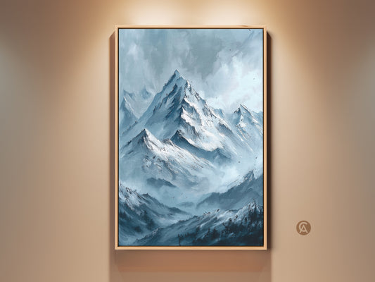 Framed mountain art print for sale. This artwork features snow-capped mountains in a blue hue. This framed canvas comes ready to hang. Find the perfect piece for your home today. A beautiful piece for living rooms and bedrooms