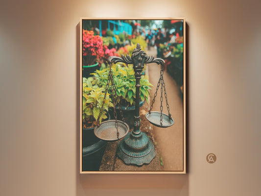 Bronze Green Teal Scales of Justice art is displayed. The vintage symbolic art print creates an artistic display. It can enhance a law office decor. A unique gift idea for lawyers. It features a conceptual nature art print with botanical elements.