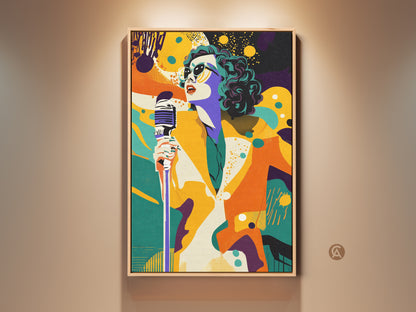 Retro Pop Art Singer Canvas Print. This artwork features a singer with a vintage microphone. The colors are yellow teal and orange. This eclectic music decor adds a retro vibe to any space.
