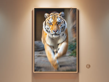 Framed photorealistic tiger canvas art on a beige wall. The orange black jungle wildlife artwork captures a tiger in motion. This contemporary animal decor is perfect for home.