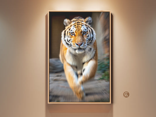 Framed photorealistic tiger canvas art on a beige wall. The orange black jungle wildlife artwork captures a tiger in motion. This contemporary animal decor is perfect for home.