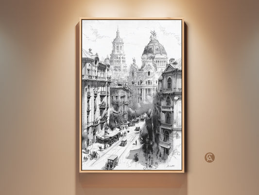 Framed black and white city street art. This detailed artwork captures a bustling street scene. Old buildings and vintage cars line the avenue. The artwork is framed in a warm wood tone. It adds a touch of classic elegance to any space.