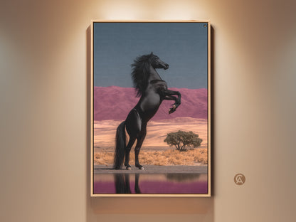 Black Horse Canvas Art Rearing Wildlife Print. This eclectic home decor piece features a rearing black stallion. It has a surreal desert landscape with pink mountains and a blue sky. This artwork is perfect as bedroom wall art or a unique gift for horse lovers. The fine art horse painting brings a powerful animal presence to any space.