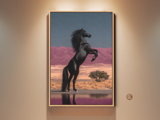 Black Horse Canvas Art Rearing Wildlife Print. This eclectic home decor piece features a rearing black stallion. It has a surreal desert landscape with pink mountains and a blue sky. This artwork is perfect as bedroom wall art or a unique gift for horse lovers. The fine art horse painting brings a powerful animal presence to any space.