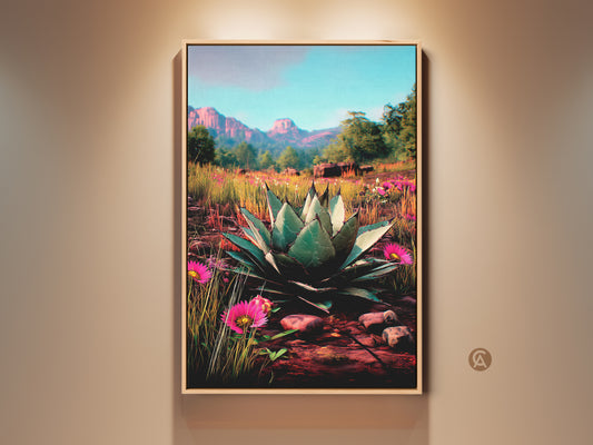 Framed agave plant art print showcases southwestern botanical artwork. This entryway decor brings a vibrant landscape indoors. The piece features pink desert flowers and teal accents. This Southwest style art adds natural artistry to any living space it is a unique gift for plant lovers.