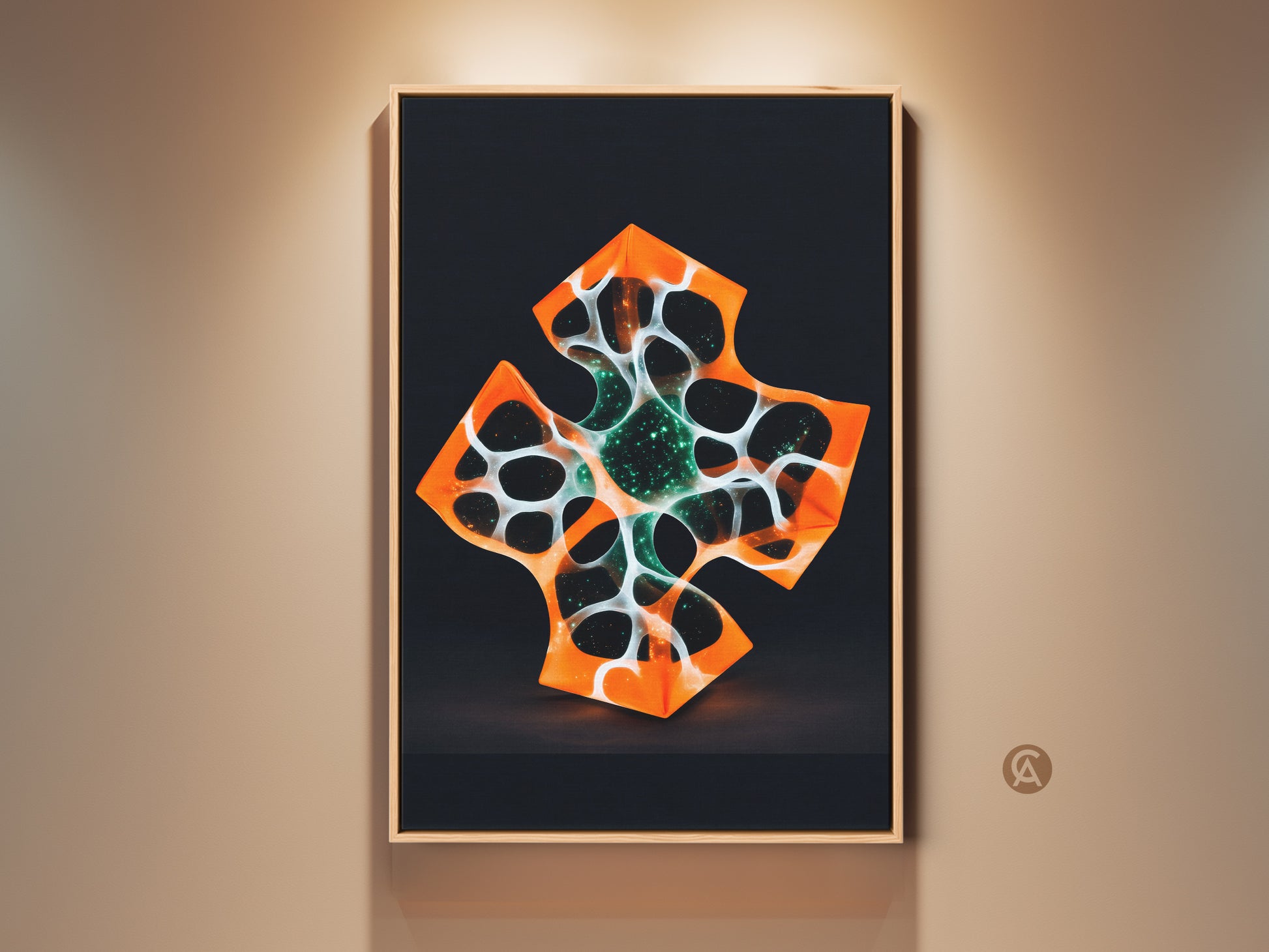 Modern abstract geometric cross art print displayed in a home. The artwork features orange and white cellular patterns. This canvas adds a contemporary touch to modern home office wall decor. Perfect gift for tech enthusiasts.