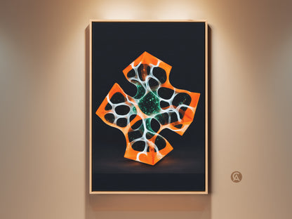 Modern abstract geometric cross art print displayed in a home. The artwork features orange and white cellular patterns. This canvas adds a contemporary touch to modern home office wall decor. Perfect gift for tech enthusiasts.