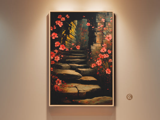 Impressionistic floral stairway art print. This botanical archway canvas art features red and pink blossoms. It's a romantic boho decor piece for your home. A unique nature-inspired gift. The artwork evokes warmth and beauty adding charm to any space.