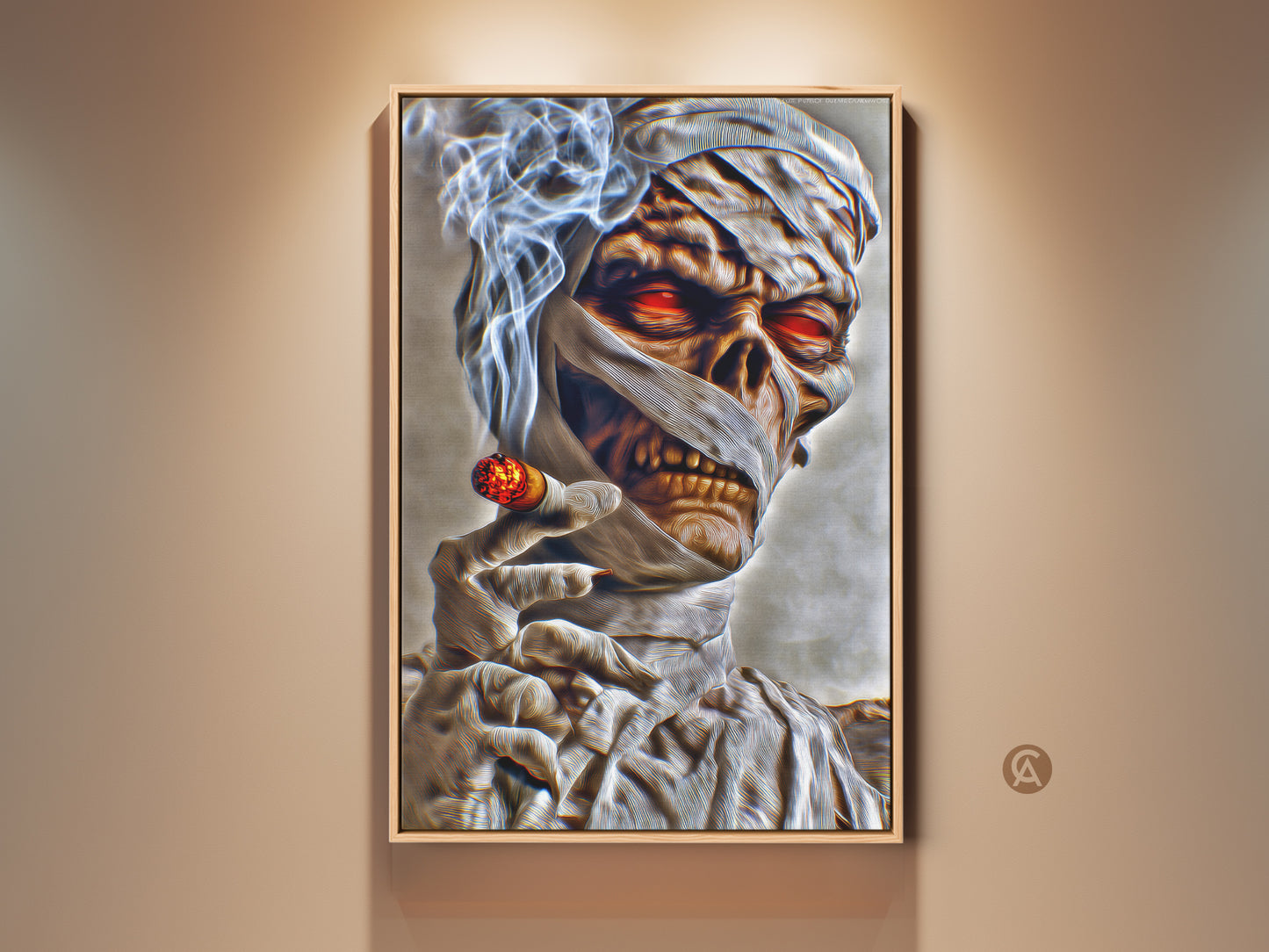 A striking dark fantasy mummy print. This gothic horror wall decor features a smoking cigar canvas. The mummy has glowing red eyes. Perfect for a man cave or Halloween gift. The red orange gray artwork adds a spooky touch.