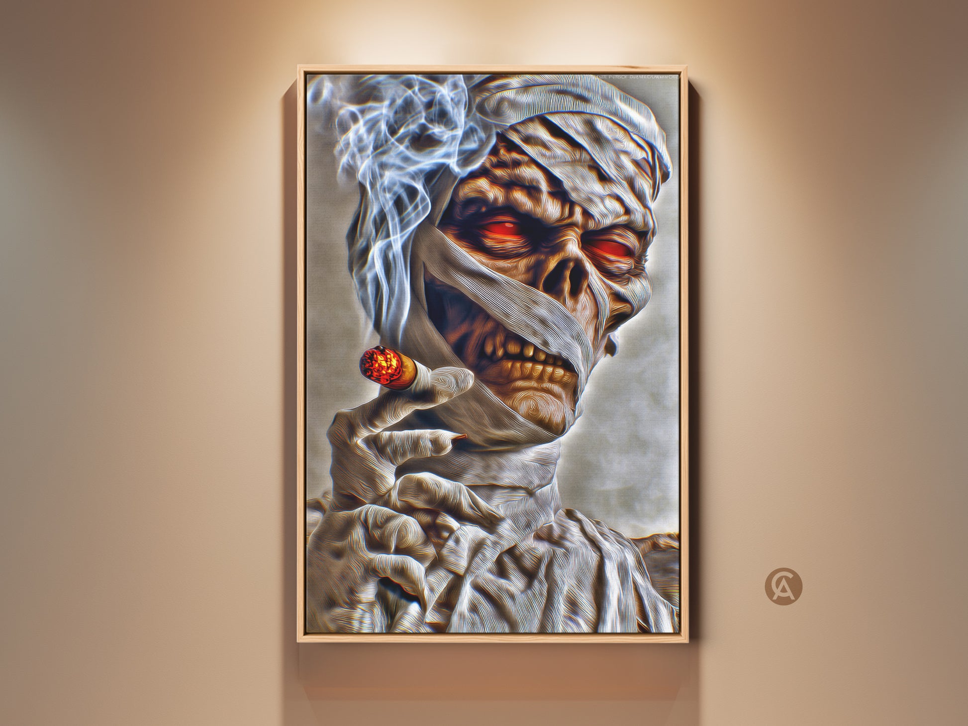 A striking dark fantasy mummy print. This gothic horror wall decor features a smoking cigar canvas. The mummy has glowing red eyes. Perfect for a man cave or Halloween gift. The red orange gray artwork adds a spooky touch.