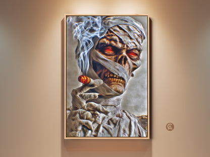 A striking dark fantasy mummy print. This gothic horror wall decor features a smoking cigar canvas. The mummy has glowing red eyes. Perfect for a man cave or Halloween gift. The red orange gray artwork adds a spooky touch.