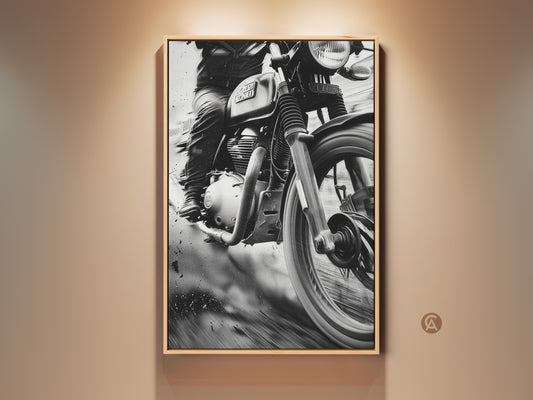 Vintage motorcycle art in monochrome. This industrial wall decor piece features a classic rider. Perfect for a garage or man cave. A striking black and white transportation gift. The gritty motorcycle art captures speed and motion. A retro bike artwork for motorcycle enthusiasts.