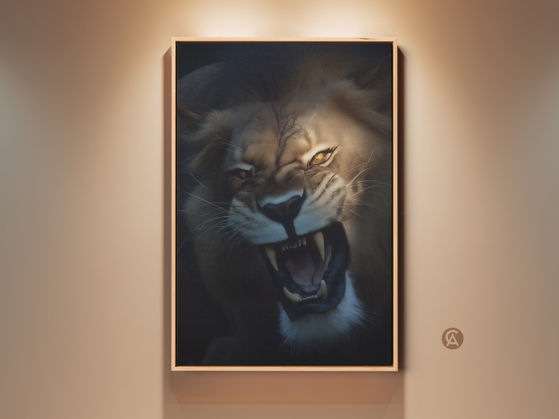 Roaring lion artwork on canvas displayed in a room setting. The golden yellow and brown mane of the photorealistic lion stands out. This wildlife animal canvas adds a powerful touch to bedroom decor and is a unique gift idea for lion enthusiasts.