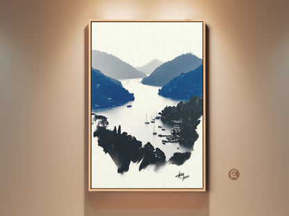 This is a framed coastal landscape art print. The minimalist navy blue and white artwork features boats. It captures a nautical scene perfect as contemporary wall decor and a travel-themed gift. Enjoy this serene boating scene canvas for residential wall decor. This art print brings modern home appeal.