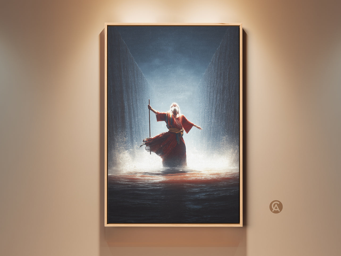 Experience the awe-inspiring Moses Red Sea Crossing Canvas Art. This religious narrative wall art features a crimson and gold palette with blue accents. A perfect spiritual gift idea and stunning study room wall art that complements eclectic home styles.
