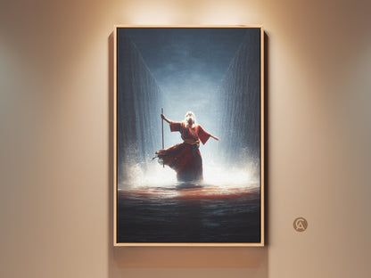 Experience the awe-inspiring Moses Red Sea Crossing Canvas Art. This religious narrative wall art features a crimson and gold palette with blue accents. A perfect spiritual gift idea and stunning study room wall art that complements eclectic home styles.