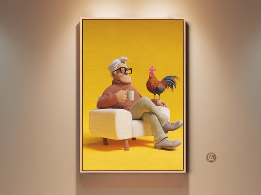 Eclectic character art print featuring a man with a rooster. This 3D render art is perfect for study room decor. The orange tan and yellow tones create a warm inviting feel. A unique gift for bird lovers. This claymation style print adds whimsy to any wall. Bring personality to your home office with this artwork.